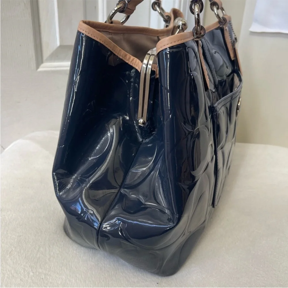 Coach Peyton Signature Embossed Blue Patent Leather Tote